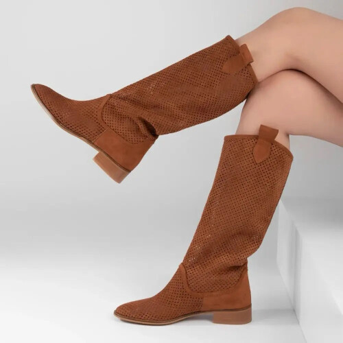 (43, Brown) Low Heel Cowboy Knee High Boots Size 35-44 1