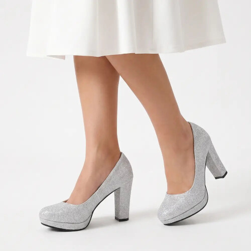 (41, Silver) Chunky Platform Heels Size 34-41 1