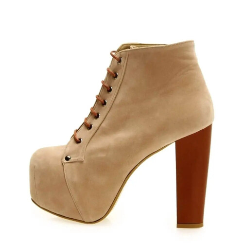 (40, Beige) Suede Platform Lace Up Ankle Boots 1