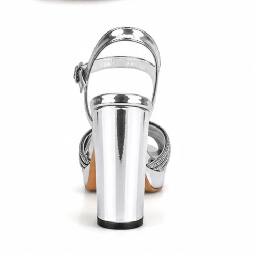 (33, Silver) Strappy Block Heel Sandals Size 33-43