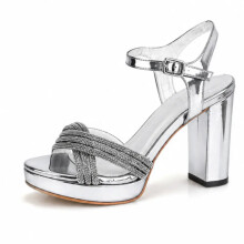 (36, Silver) Strappy Block Heel Sandals Size 33-43