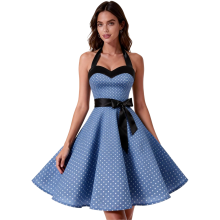 Damen Vintage A-Line Cocktailkleid Elegant Blau S — rockabilly kleid, 50er jahre mode, neckholder kleid