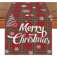 Dekoracyjny lniany bieżnik świąteczny, czerwony, 33x183 cm — tischdeko weihnachten, weihnachtsdeko esszimmer