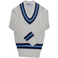 (S-M, White/Navy/Sky Blue) Carta Sport Boys Cricket Jumper