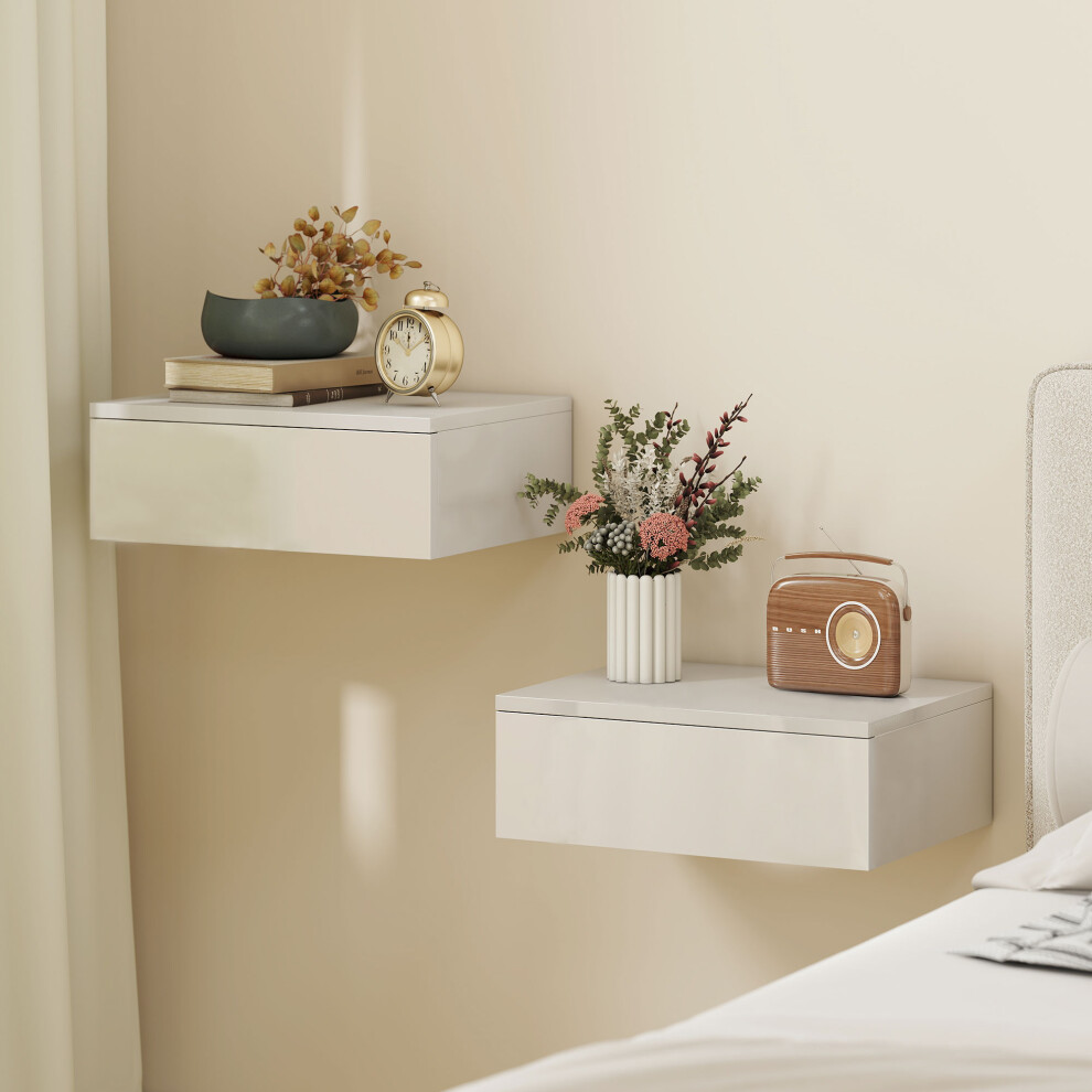 Homcom Wall Mounted Bedside Table With High Gloss Finish And Storage Drawer