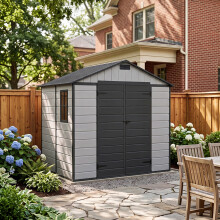 7.53 x 6.07FT Apex Roof Plastic Garden Storage Shed, Grey+Black, Lockable Double Doors & Window, Weather-Resistant PP & Aluminium Frame Tool Shed