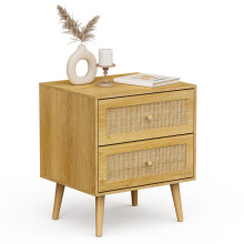 Bedside Table with Natural Rattan Drawers, Side Table with 2 Drawers - VonHaus