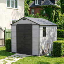 7.53 x 8.01FT Apex Roof Plastic Garden Storage Shed, Grey+Black, Lockable Double Doors & Window, Weather-Resistant PP & Aluminium Frame Tool Shed