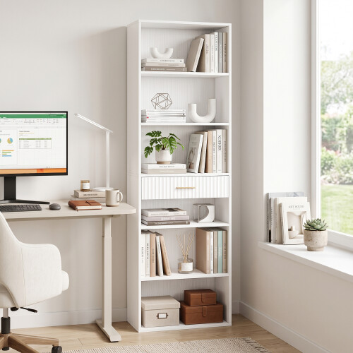 Homcom HOMCOM Tall Bookcase with Cubes, 7-Tier Bookshelf with Drawer, White 1