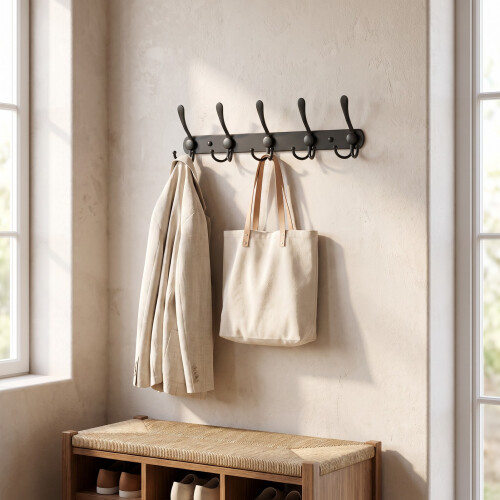 Living And Home Wall-Mounted Stainless Steel Coat Rack with 5 Tri Hooks 1