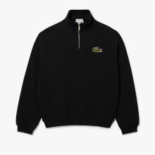 (XS, Black) Lacoste Unisex Adult Accent Badge Zip Neck Loose Fit Sweatshirt