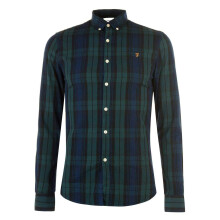 (S, Pine) Farah Mens Checked Cotton Button-Down Shirt