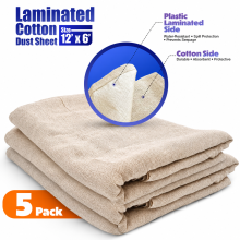 5 x Laminated Cotton Dust Sheets for Decorating & Painting Size 12 feet x 6 feet | Paint Cover Sheet Backed with Plastic Polythene Sheeting Waterproof