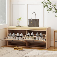 HOMCOM Rattan Shoe Bench with Padded Cushion and 2 Cabinets, Oak