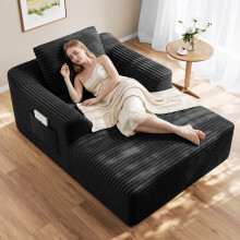 Modular Corduroy Chaise Lounge Sofa High-Density Foam Black