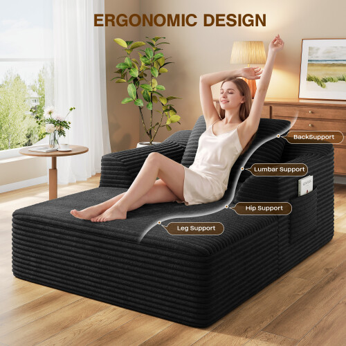 Modular Corduroy Chaise Lounge Sofa High-Density Foam Black 2
