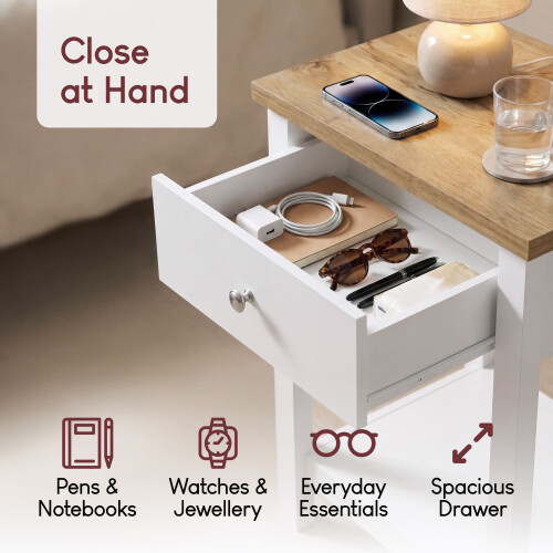 Vida Designs (White & Oak) Arlington 1 Drawer Oak Bedside Storage Table 1