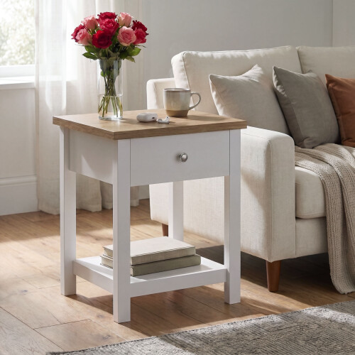 Vida Designs (White & Oak) Arlington 1 Drawer Oak Bedside Storage Table