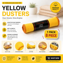 (3 Pack, 24 Piece) 100% Cotton Yellow Dusters Super Absorbent, Lint-Free, Reusable Cleaning Cloths, 28 x 31 cm