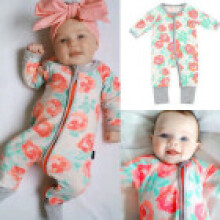 (Rose Flower Zipper Romper,0~6M)Combinaison barboteuse coton manches longues bébé garçon fille tenue