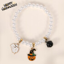 (White)Halloween Pet Jewelry With Cute Ghost And Skull Beads For Cats Holiday Dress