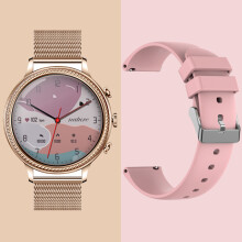 Dames smartwatch - RNCYN - V60 - 3,5 cm - 360x360 - SpO2 - Bluetooth bellen - Goudkleurig staal - Roze siliconen