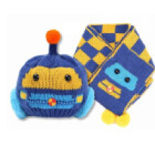 (Dark Blue)Conjunto de sombrero y bufanda de punto suave y cálido para bebé con lindo patrón de coche para niños pequeños