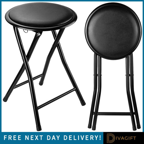 BLACK FOLDING STOOL SOFT PADDED CUSHIONED SEAT FOLDING FREESTANDING METAL FRAME