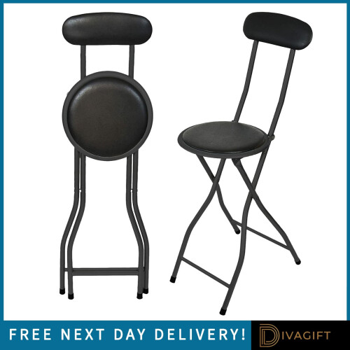 FOLDING BAR STOOL BREAKFAST BLACK PADDED HIGH BACK STOOL ROUND SEAT FOLDABLE NEW