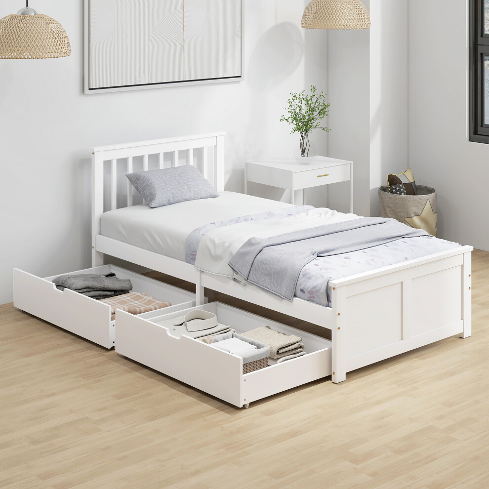 Homcom Storage Bed With 2 Drawers, Pine Wood Bed Frame, 90 X 190 Cm, White