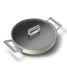 Smeg 50’s Style Non-Stick Deep Pan, Suitable for All Cooktops, Oven Proof, Tempered Glass Lid, Made in Italy, 28cm, Matte Cream, DPF2812CRM