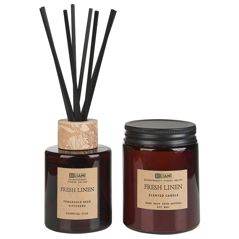 Beliani Scented Candle and Reed Diffuser Set - Soy Wax - Brown - Image 2