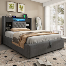 (Grey, Double) Roomfitters Bed Upholstered Ottoman Bed Frame with Smart RGB LED Lighting USB Type-C