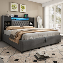(Grey, Super King) Roomfitters Bed Upholstered Ottoman Bed Frame with Smart RGB LED Lighting USB Type-C