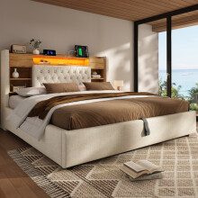 (Beige, Super King) Roomfitters Bed Upholstered Ottoman Bed Frame with Smart RGB LED Lighting USB Type-C