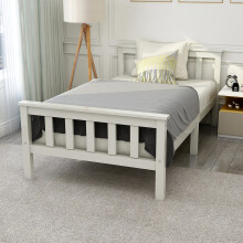 (Single) Roomfitters Bed Solid Pine Wooden Bed Frame with Raised Headboard & Footboard, White