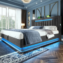 (Grey, Double) Roomfitters Bed Upholstered Ottoman Bed Frame with Smart RGB LED Lighting USB Type-C