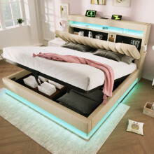(Beige, Super King) Roomfitters Bed Upholstered Ottoman Bed Frame with Smart RGB LED Lighting USB Type-C
