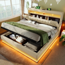 (Beige, Double) Roomfitters Bed Upholstered Ottoman Bed Frame with Smart RGB LED Lighting USB Type-C
