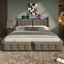 (Grey, Double) Roomfitters Bed Upholstered Ottoman Bed Frame with Smart RGB LED Lighting USB Type-C