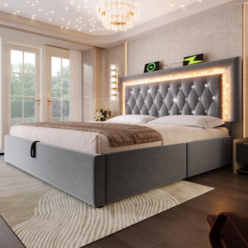 (Grey, Double) Roomfitters Bed Upholstered Ottoman Bed Frame with Smart RGB LED Lighting USB Type-C