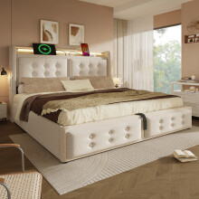 (Beige, King) Roomfitters Bed Upholstered Ottoman Bed Frame with Smart RGB LED Lighting USB Type-C