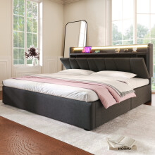 (King) Roomfitters Bed Upholstered Ottoman Bed Frame with Smart RGB LED Lighting USB Type-C