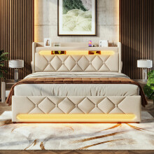 (Beige, Super King) Roomfitters Bed Upholstered Ottoman Bed Frame with Smart RGB LED Lighting USB Type-C