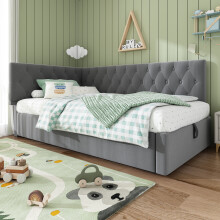(Grey) Roomfitters Velvet Upholstered Daybed Frame with Hydraulic Ottoman Storage