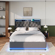 (Grey, Double) Roomfitters Upholstered Ottoman Bed Frame with 360 Surround RGB LED & Hydraulic Storage