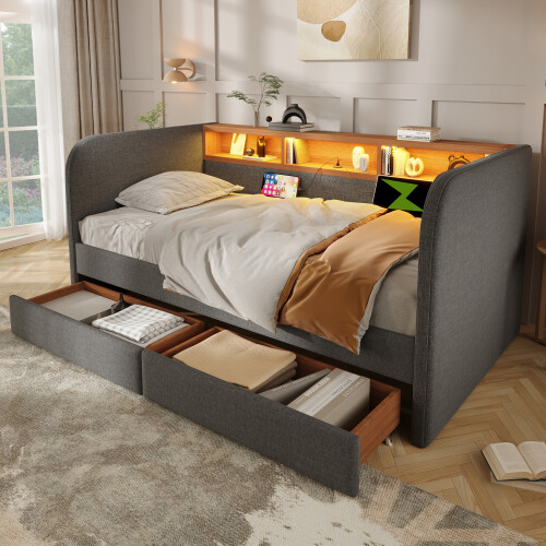 (Grey) Roomfitters 90x190cm Single Daybed Upholstered Sofa Bed with Headboard Storage