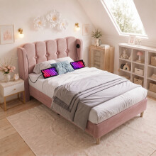 (Pink) Roomfitters 90x190cm Velvet Upholstered Single Bed Frame with USB Type-C Charging Station
