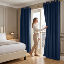 (66 x 90 (168cm x 229cm), Navy Blue) Moonlight Crushed Velvet Curtains for Bedroom & Living Room Eyelet Ringtop Ready Made Drapes