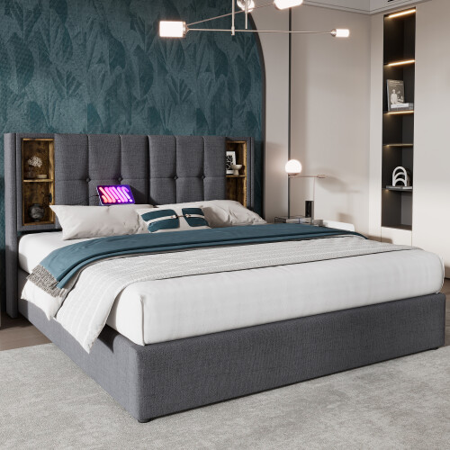 (Grey, King) Roomfitters Upholstered Ottoman Bed Frame with Wireless Charging Station USB Type-C